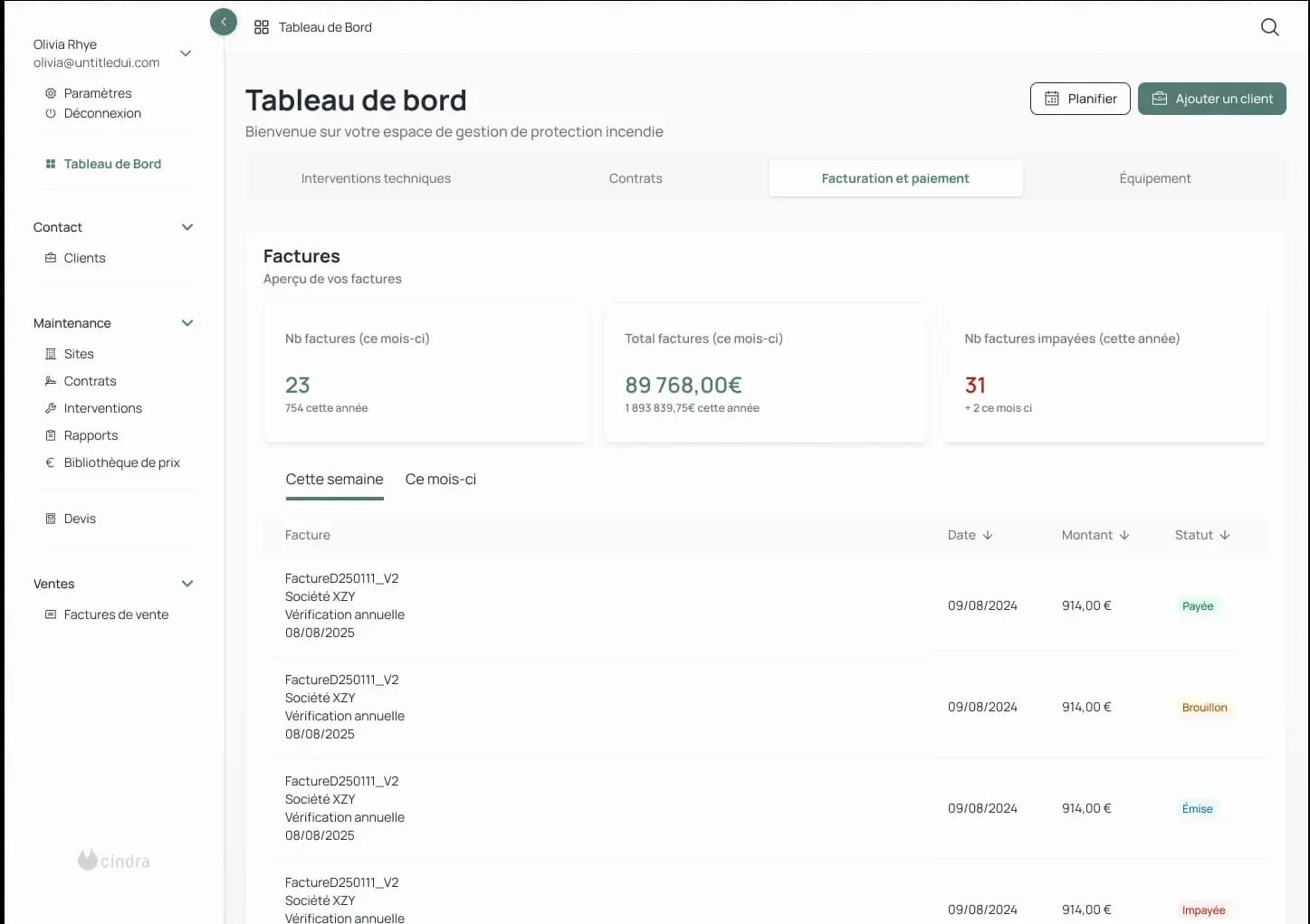 Cindra dashboard